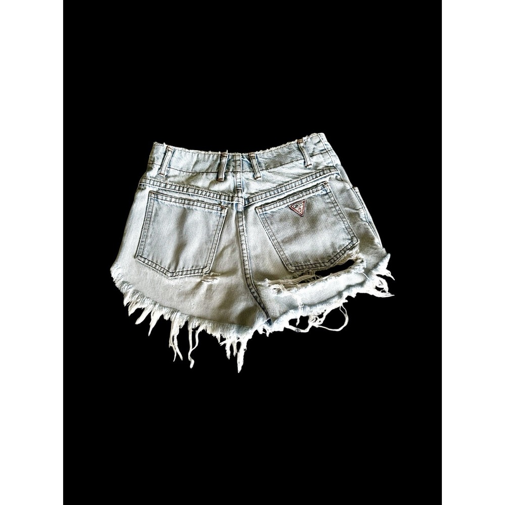 Vintage‎ 80's Guess Jean Shorts Sz 26 Womens Light Wash Blue Frayed Button